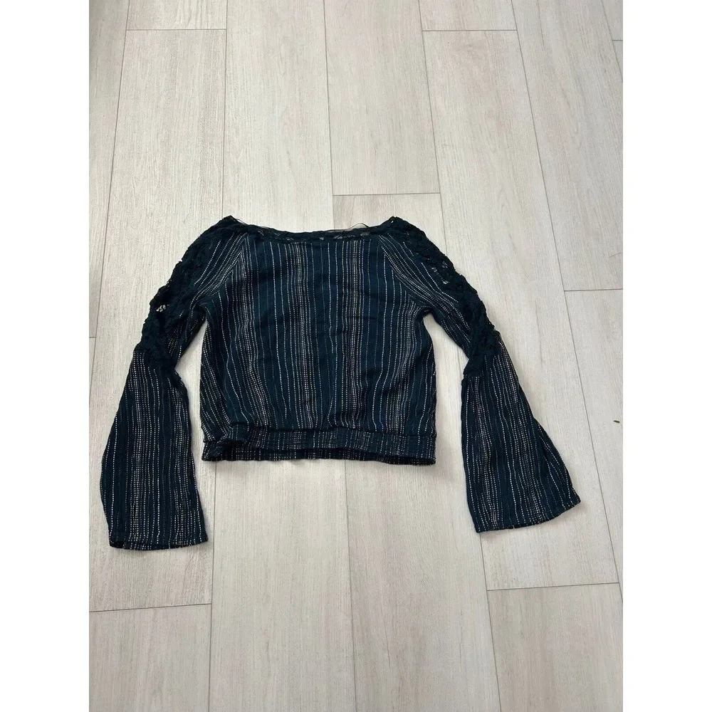 FREE PEOPLE Floating Memories Blouse Lace Panel Balloon Sleeves Size L Navy Blue
